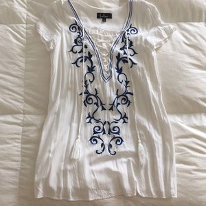 White Mini Dress Blue Embroidery Boho Lulus